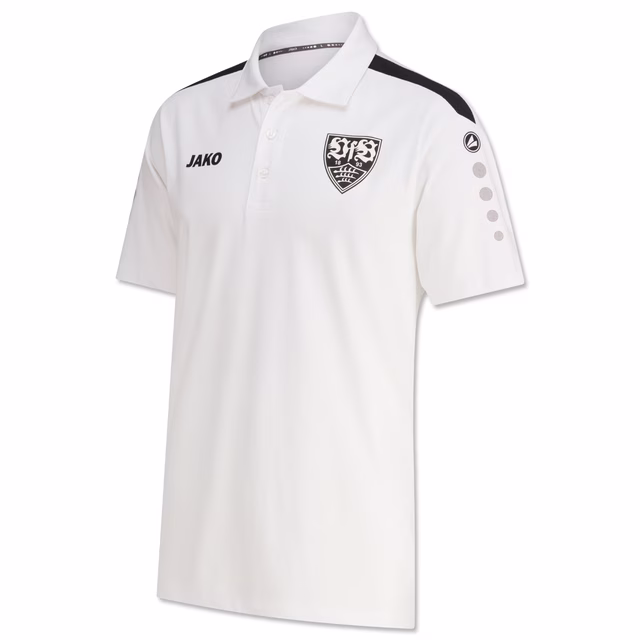 weißes Tennispolo mit schwarzem VfB Wappen und JAKO Schriftzug auf der Brust