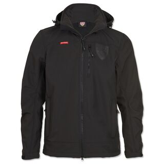 schwarze Softshelljacke mit schwarzem VfB Wappen und kleiner roter Stuttgart Aufschrift auf der Brust