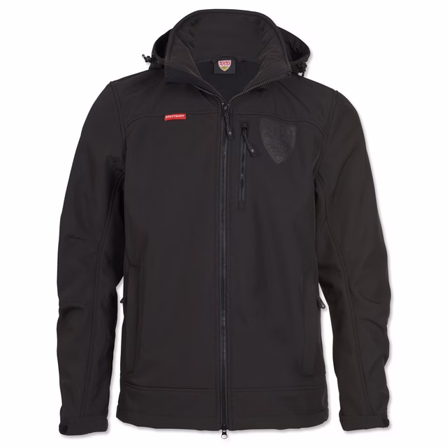 schwarze Softshelljacke mit schwarzem VfB Wappen und kleiner roter Stuttgart Aufschrift auf der Brust