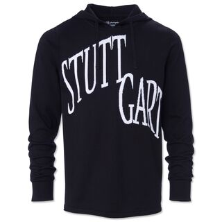 schwarzer Strickhoodie mit großer weißer Aufschrift Stuttgart auf der Vorderseite