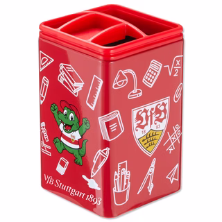 Roter Stifteköcher mit Schulmotiven, VfB Wappen, Fritzle und Schriftzug VfB Stuttgart 1893