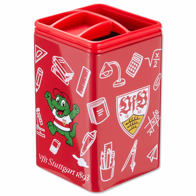 Roter Stifteköcher mit Schulmotiven, VfB Wappen, Fritzle und Schriftzug VfB Stuttgart 1893