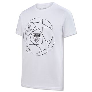 weißes T-Shirt mit Champions League Ball, VfB Wappen und Champions League Logo