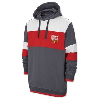 grauer Hoodie mit großen roten und weißen Streifen auf Vorderseite und Ärmeln