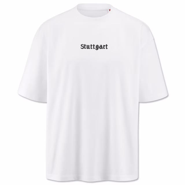 weißes T-Shirt mit kleinem schwarzen Stuttgart Schriftzug