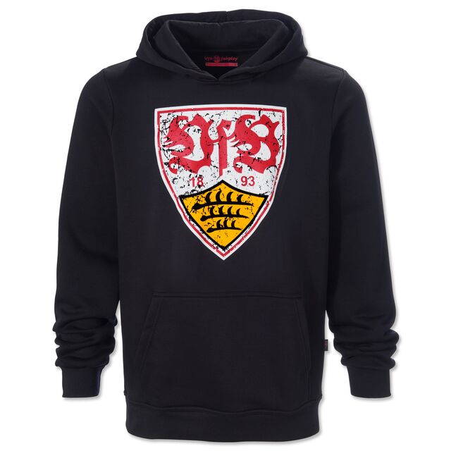 schwarzer Hoodie mit Kängurutaschen und großem VfB Wappen im Used Look