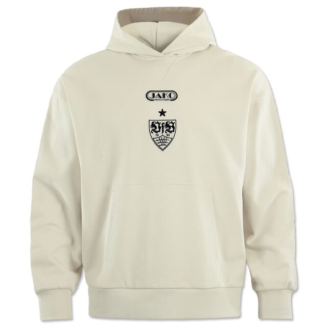 beigefarbener Hoodie mit Kängurutaschen mit schwarzem JAKO Logo und darunter einem schwarzem VfB Wappen mit Stern