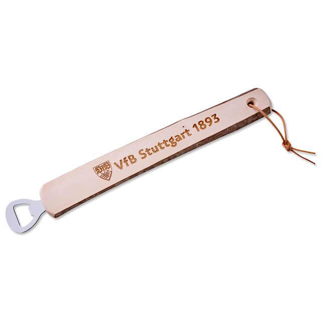 Flaschenöffner mit Griff aus Holz mit eingraviertem VfB Wappen und der Inschrift VfB Stuttgart 1893