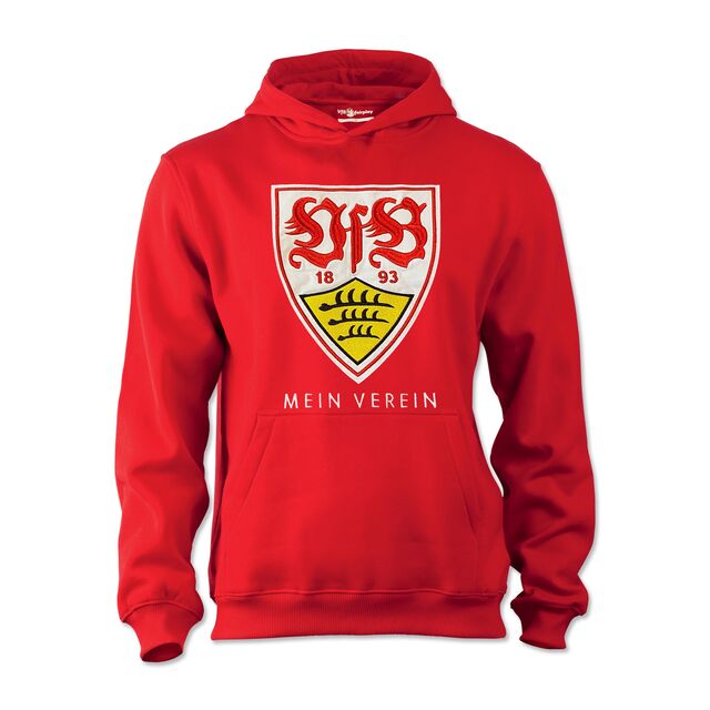 roter Hoodie mit Kängurutaschen, VfB Wappen und der Aufschrift Mein Verein auf der Vorderseite