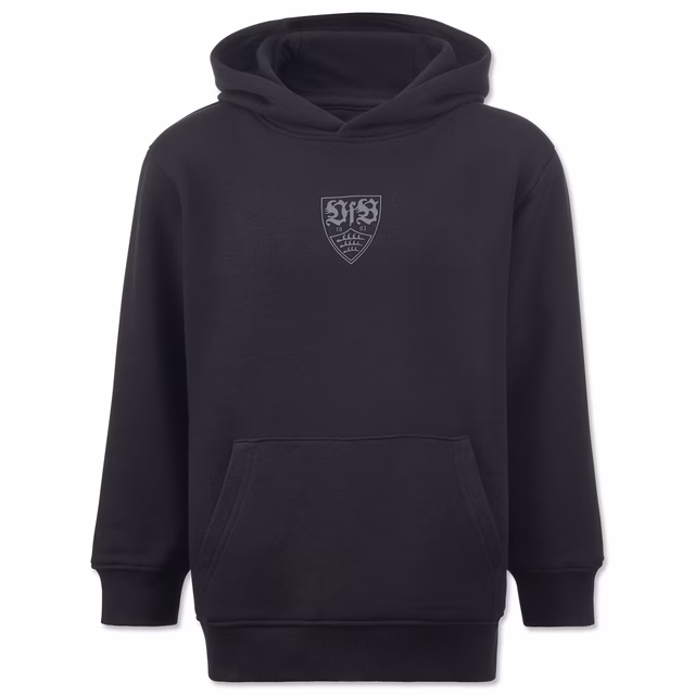 Schwarzer Hoodie mit grauem VfB Wappen in der Mitte 