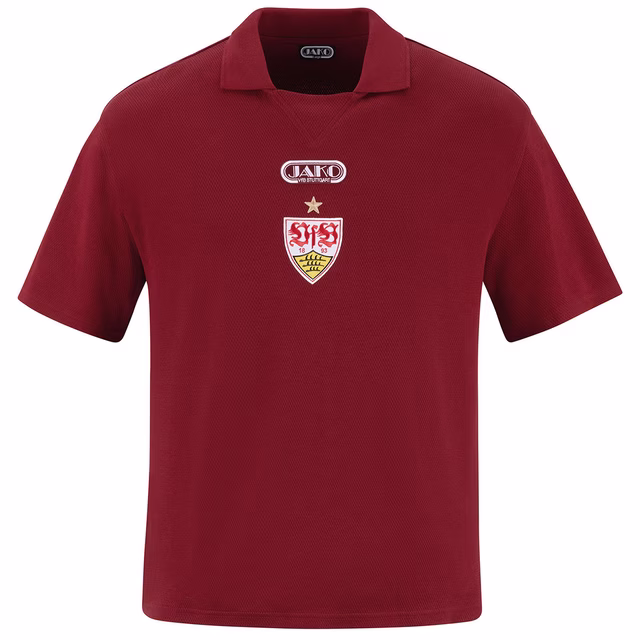 Rotes Polo mit rotem Kragen, VfB Wappen und JAKO Logo in der Mitte 