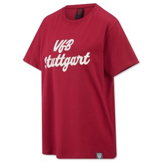 rotes T-Shirt mit Damenschnitt mit weißer Aufschrift VfB Stuttgart