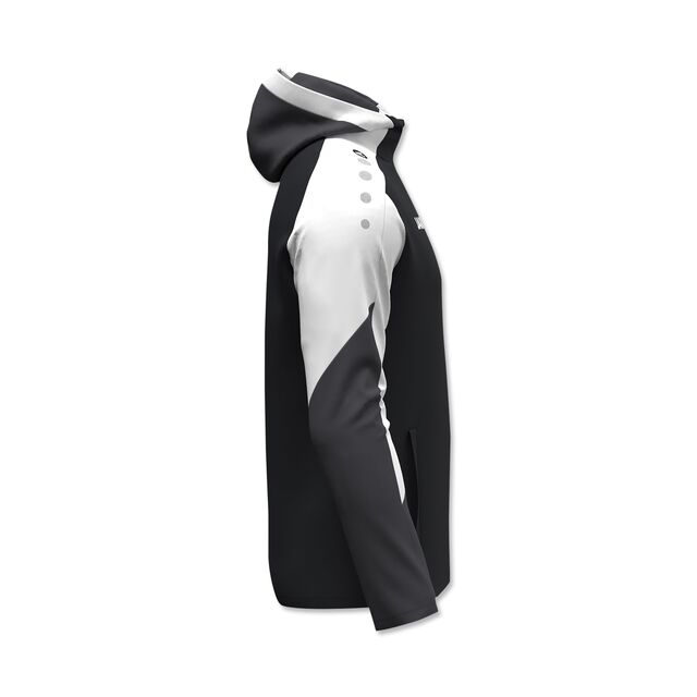 Seitenansicht der schwarz-weißen Kapuzenjacke 25/26