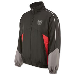 Jacke im 2000er Stil in Schwarz, Grau und rot mit VfB Wappen auf der Brust 