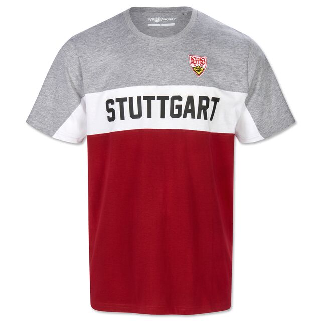 T-Shirt in Grau, Rot und Weiß mit schwarzer Stuttgart Aufschrift und VfB Wappen
