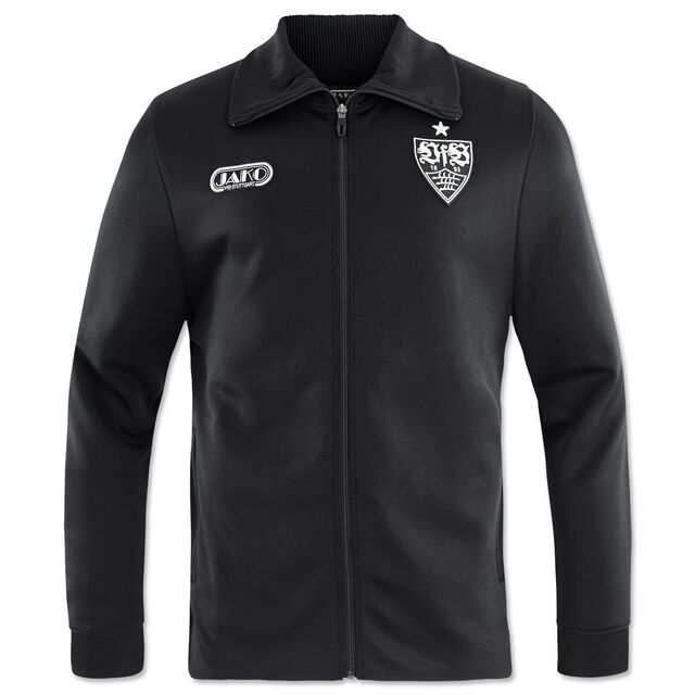 schwarze Tracksuite Jacke mit Kragen und Reissverschluss mit weißem JAKO Logo und VfB Wappen auf der Brust