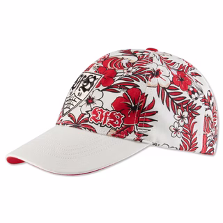 weiß-rote Cap mit Blumenmuster, rotem VfB Logo und schwarzem VfB Wappen auf der Vorderseite