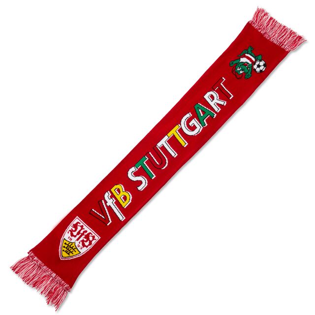 roter Schal mit VfB Wappen und Fritzle an den Enden und der bunten Aufschrift VfB Stuttgart in der Mitte