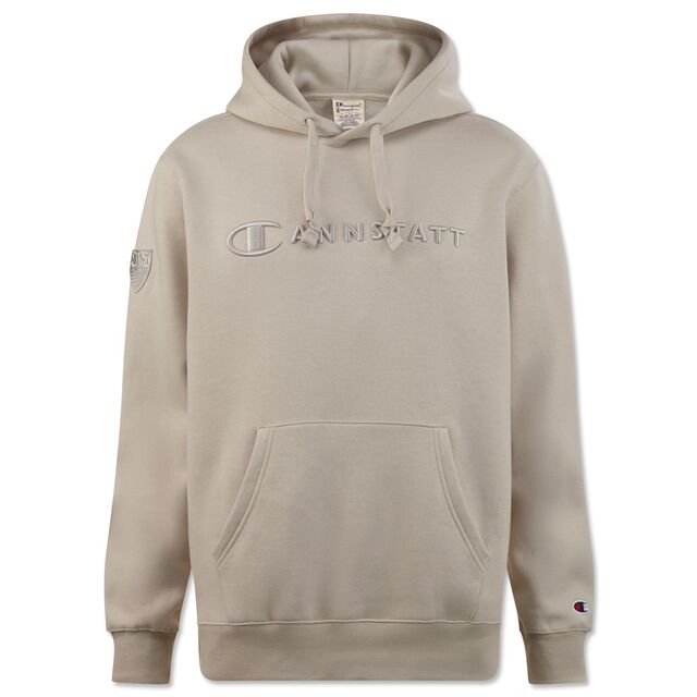 Hoodie in beige mit Cannstatt Schriftzug in der Mitte und VfB Wappen auf dem Ärmel 