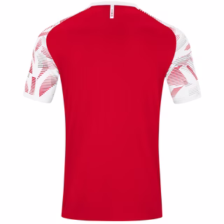 rote Rückseite des Trainingsshirts mit weißen Ärmeln
