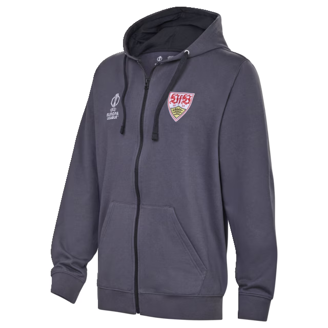 grauer Zip Hoodie mit Seitentaschen, VfB Wappen und Europa League Wappen