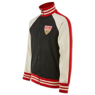 Jacke im 70er Stil in Beige, Schwarz und Rot mit Kragen und VfB Wappen auf der Brust 
