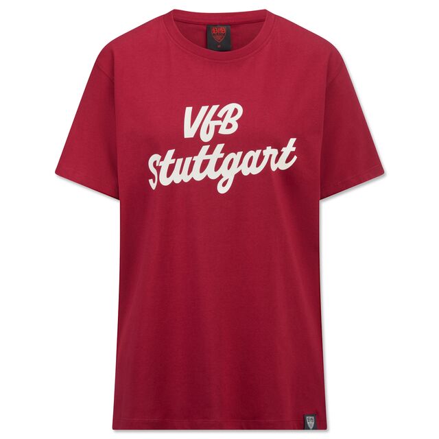 rotes T-Shirt mit Damenschnitt mit weißer Aufschrift VfB Stuttgart
