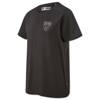 schwarzes T-Shirt mit grauem VfB Wappen auf der Brust