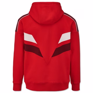 rote Rückseite des Hoodies mit dunkelroten und weißen Details