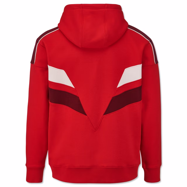 rote Rückseite des Hoodies mit dunkelroten und weißen Details