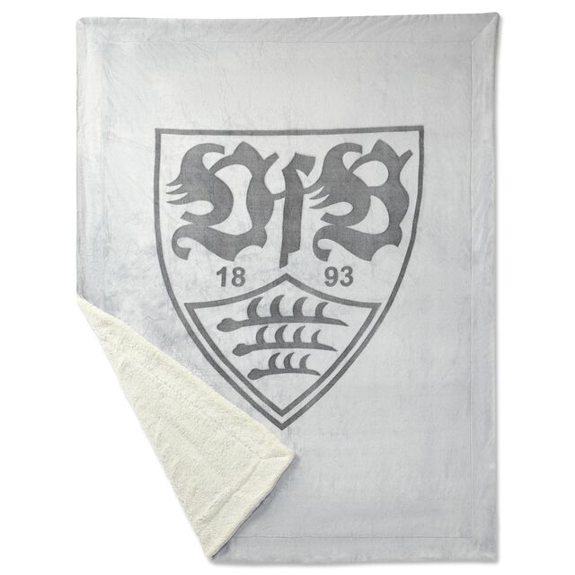hellgraue Sherpadecke mit großem dunkelgrauen VfB Wappen und umgeschlagener Ecke
