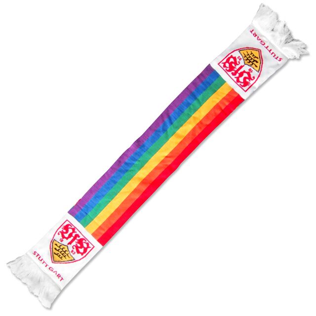 Schal mit Regenbogenflagge und VfB Wappen an beiden Enden