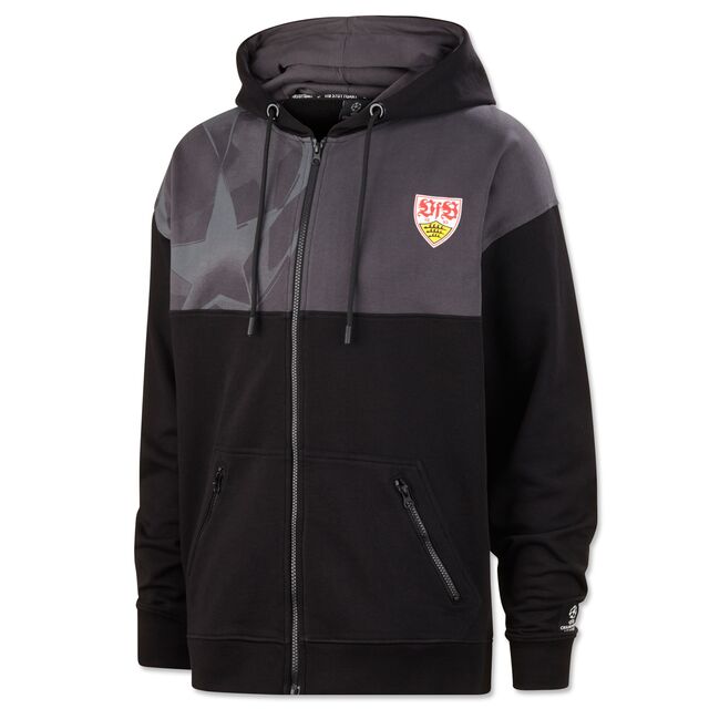 oversized Zip-Hoodie in Grau und Schwarz mit Champions League Ball und VfB Wappen auf der Brust