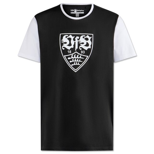schwarzes T-Shirt mit weißen Ärmeln und weißem VfB Wappen auf der Brust