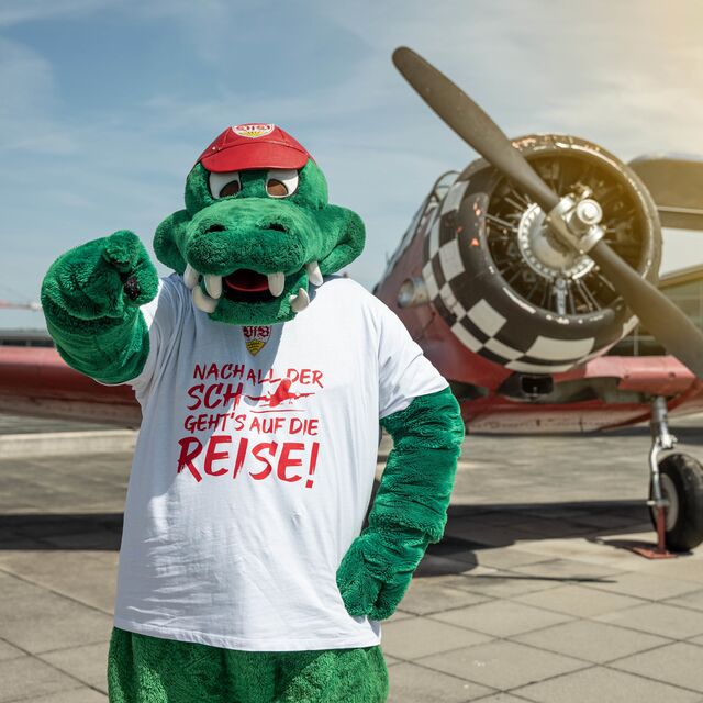 Fritzle am Flughafen trägt das VfB T-Shirt Stuttgart International