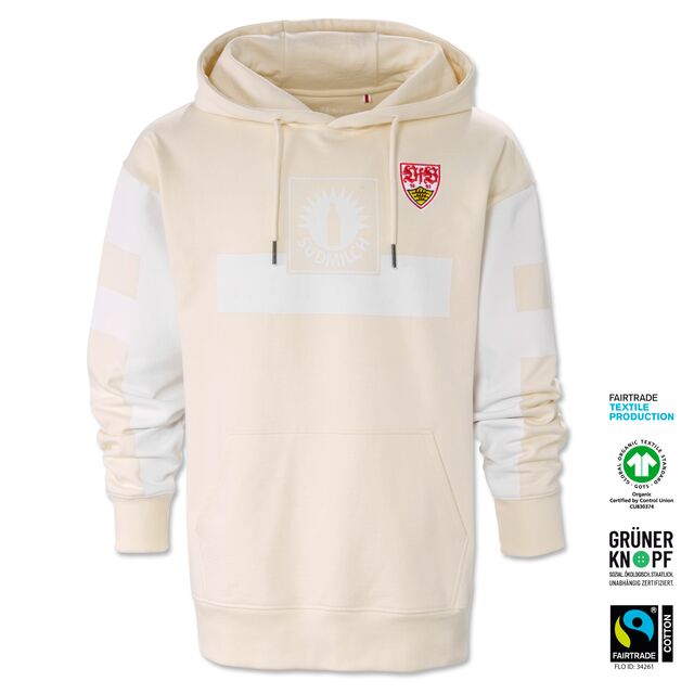cremefarbener Hoodie mit weißen Elementen, VfB Wappen und Südmilch Logo auf der Vorderseite
