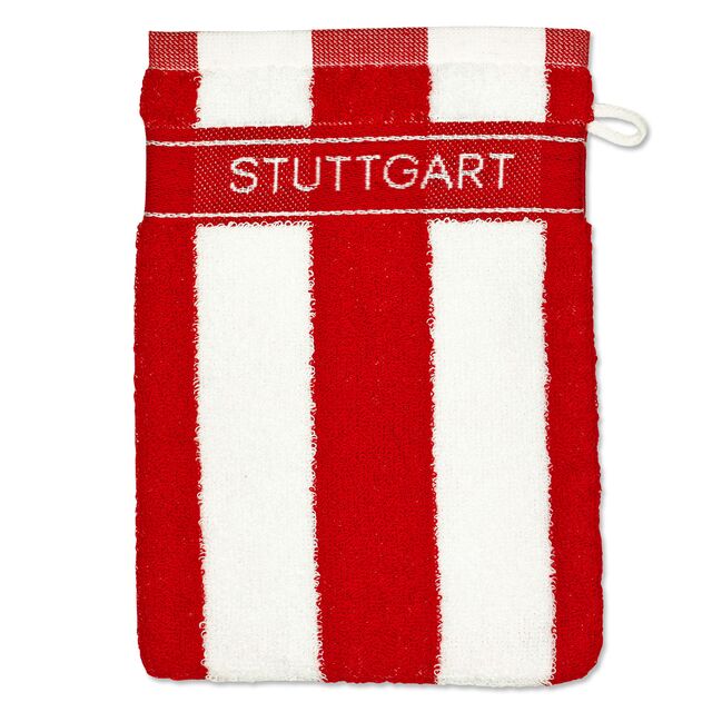rot-weiß gestreifter Waschhandschuh mit der Aufschrift Stuttgart