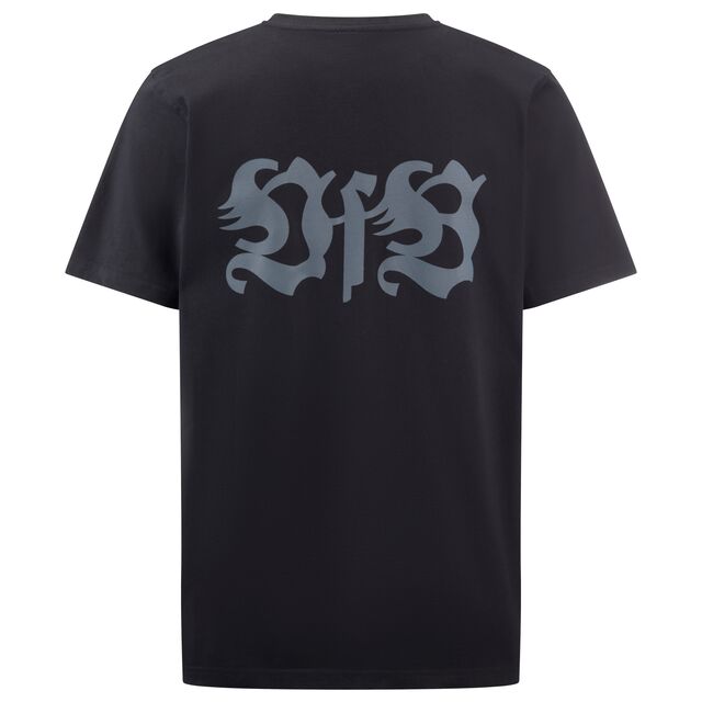 schwarze Rückseite des VfB T-Shirts Tradition mit großem VfB Schriftzug