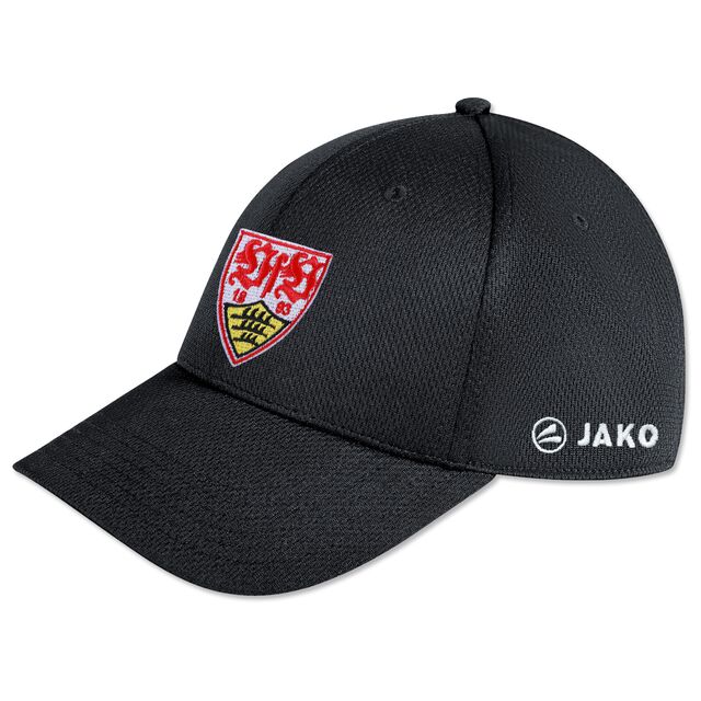 schwarze Kappe mit VfB Wappen auf der Vorderseite und JAKO Logo auf der Seite