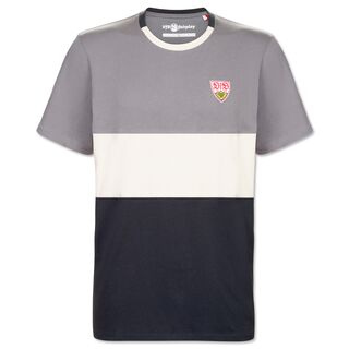 T-Shirt in Grau, Weiß und Schwarz mit VfB Wappen auf der Brust 