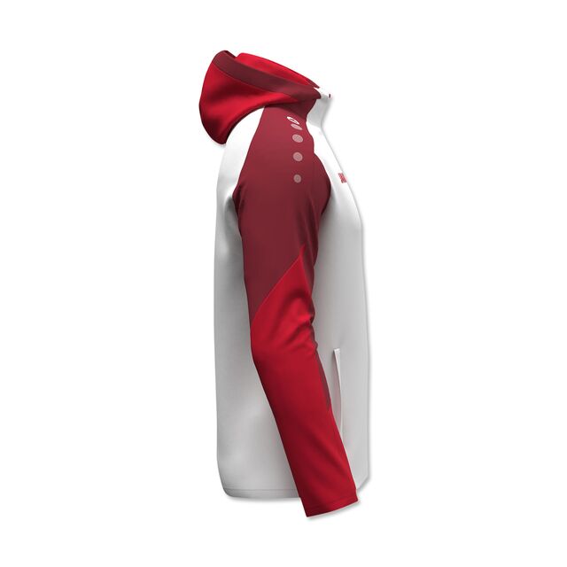 Seitenansicht der weiß-roten Kapuzenjacke 25/26