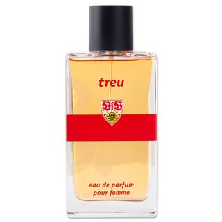 Parfumflasche mit VfB Wappen und rotem Brustring mit der Aufschrift treu