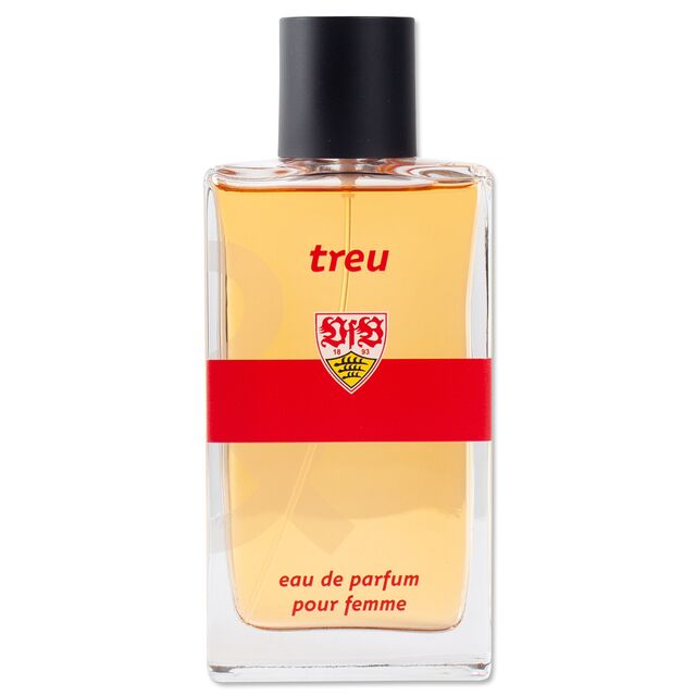 Parfumflasche mit VfB Wappen und rotem Brustring mit der Aufschrift treu
