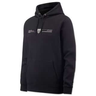 schwarzer Hoodie mit Kängurutaschen, VfB Wappen und kleiner Aufschrift Verein für Bewegungsspiele Stuttgart, eine Stadt ein Verein Achtzehnhundertdreiundneunzig