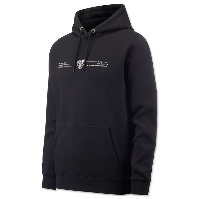 schwarzer Hoodie mit Kängurutaschen, VfB Wappen und kleiner Aufschrift Verein für Bewegungsspiele Stuttgart, eine Stadt ein Verein Achtzehnhundertdreiundneunzig