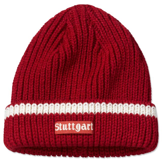 rote Beanie mit weißem Streifen und der Aufschrift Stuttgart
