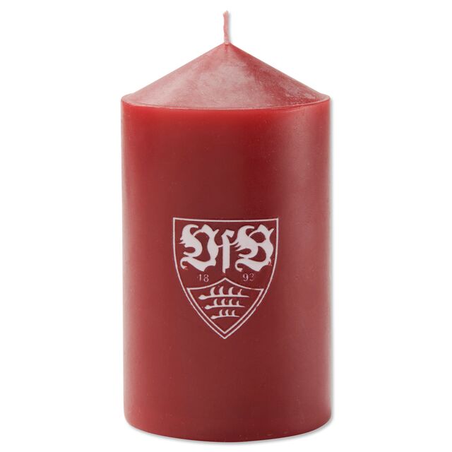 rote Stumpenkerze mit weißem VfB Wappen