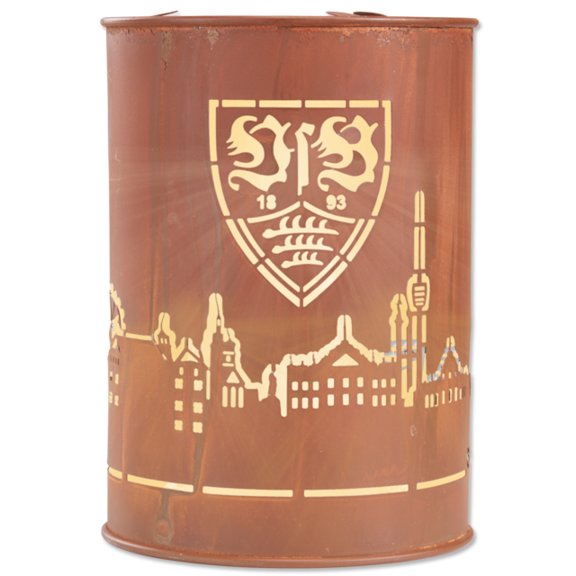 leuchtende VfB Deko Leuchte in Rostoptik zeigt das VfB Wappen und die Skyline von Stuttgart