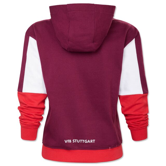Rückseite des Hoodies in verschiedenen Rottönen mit kleinem Schriftzug VfB Stuttgart