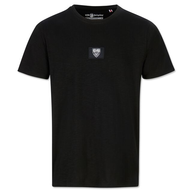 schwarzes T-Shirt mit kleinem weißen VfB Wappen in der Mitte